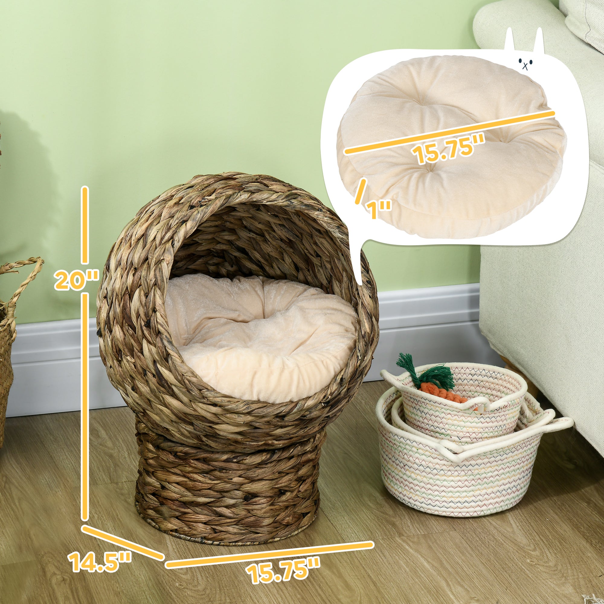 Elevated Rotating Cat Bed – Woven Indoor Cat House with Cushion