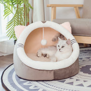 Enclosed Cat Cave Bed – Soft Plush Indoor Cat House with Cushion & Hanging Toy