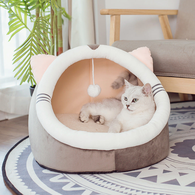 Enclosed Cat Cave Bed – Soft Plush Indoor Cat House with Cushion & Hanging Toy