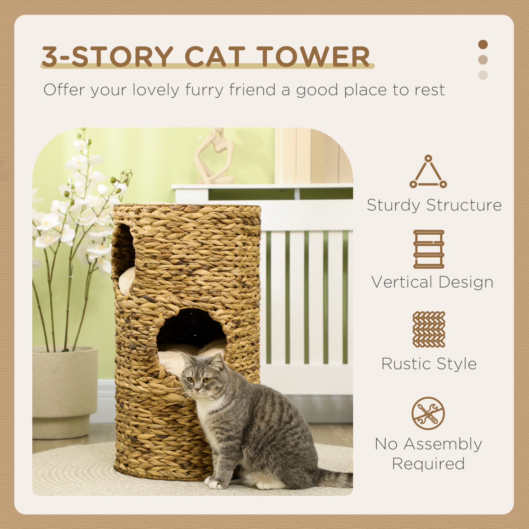 3 Tier Wicker Cat Tower Condo – Elevated Indoor Cat Bed with Cushions