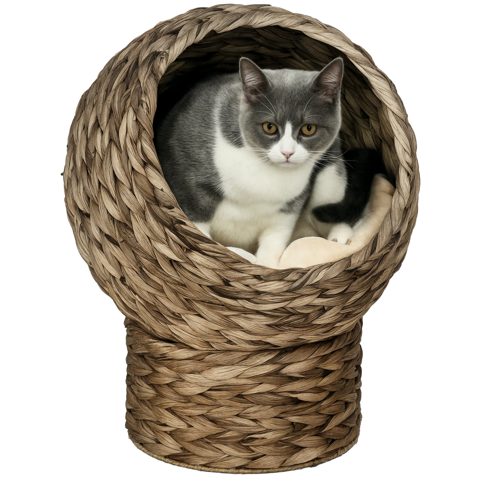 Elevated Rotating Cat Bed – Woven Indoor Cat House with Cushion