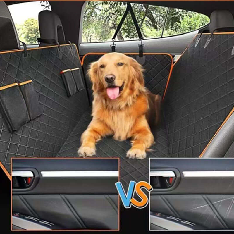 Waterproof dog car seat cover comparison with a happy dog sitting on the cover in a clean car interior.