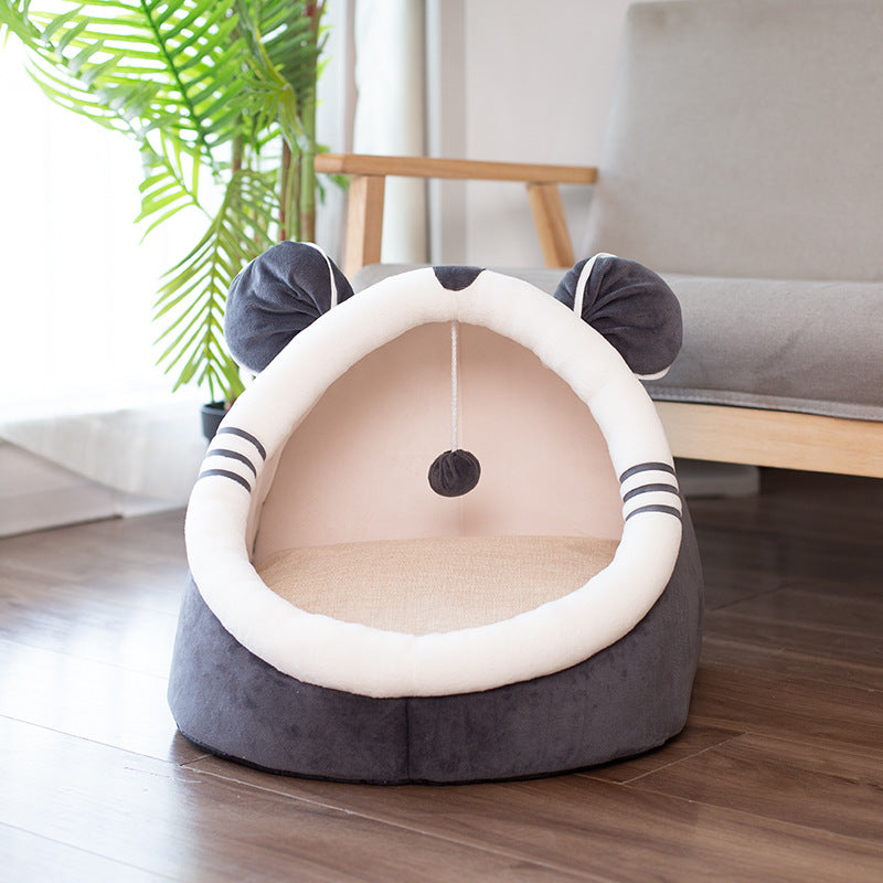 Enclosed Cat Cave Bed – Soft Plush Indoor Cat House with Cushion & Hanging Toy