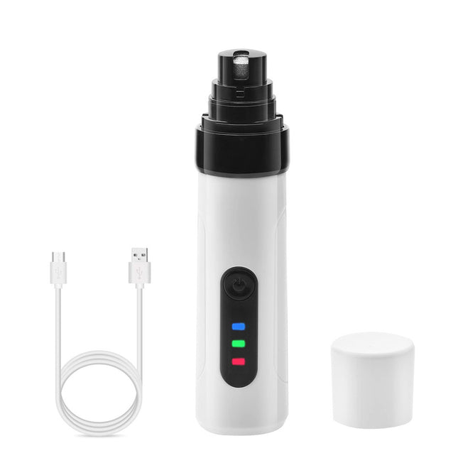Rechargeable electric dog nail clippers and USB cable, designed for safe and quiet pet grooming.