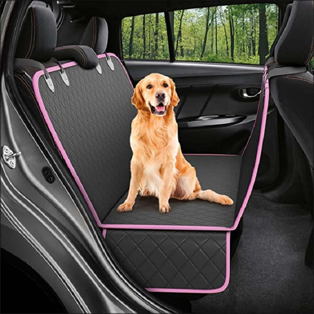Waterproof dog car hammock with a golden retriever sitting on it in a car interior.