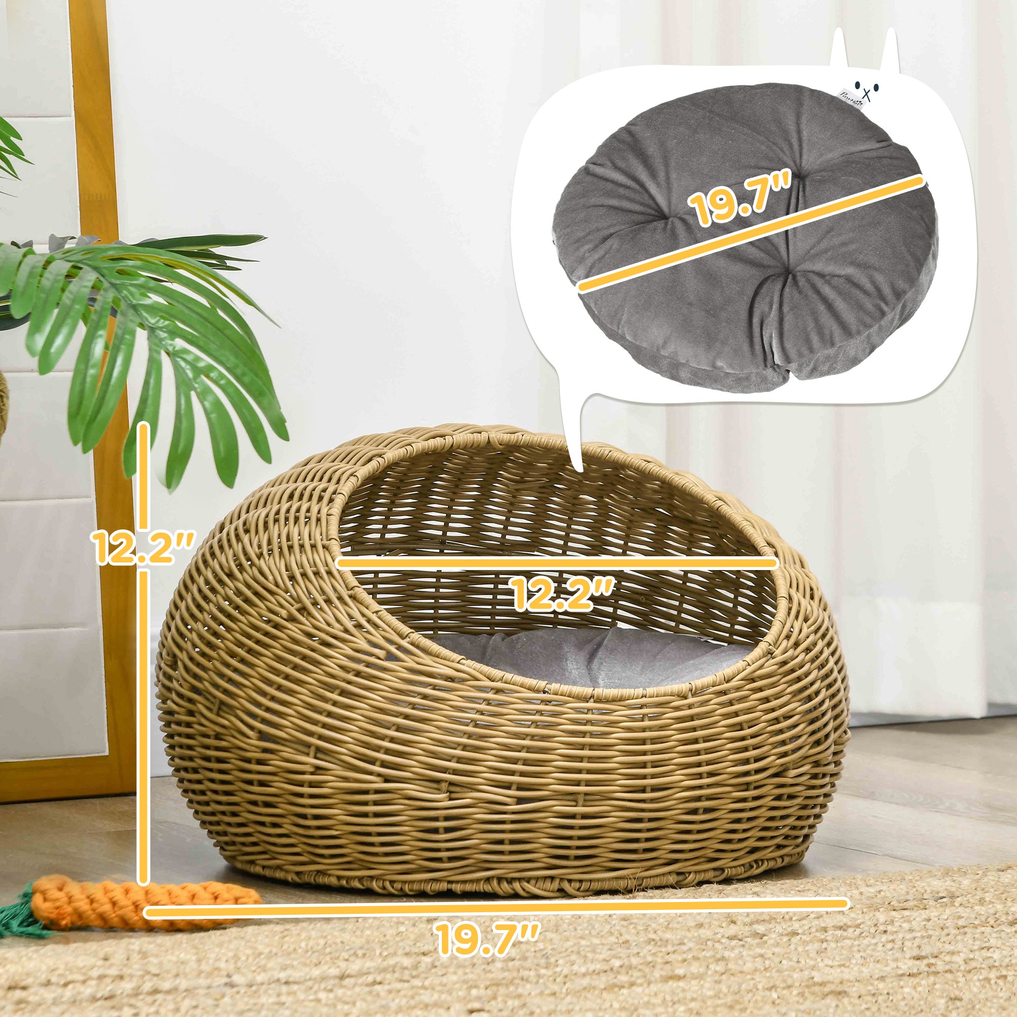 Woven Rattan Cat Bed – Indoor Round Cat Basket with Washable Cushion