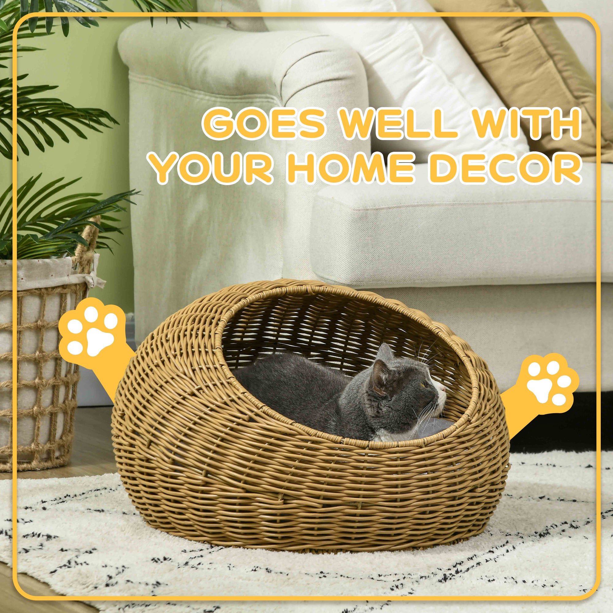 Woven Rattan Cat Bed – Indoor Round Cat Basket with Washable Cushion