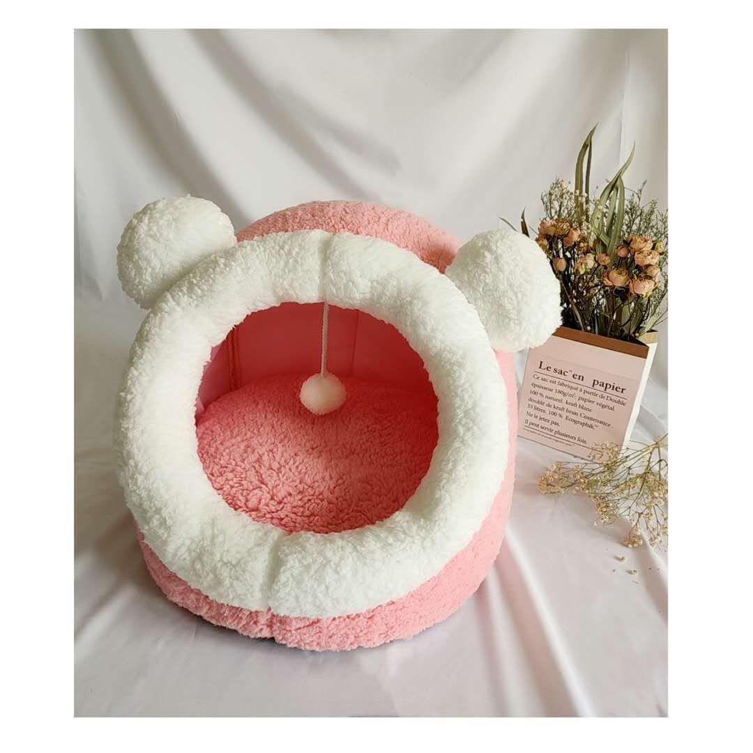 Enclosed Cat Cave Bed – Soft Plush Indoor Cat House with Cushion & Hanging Toy