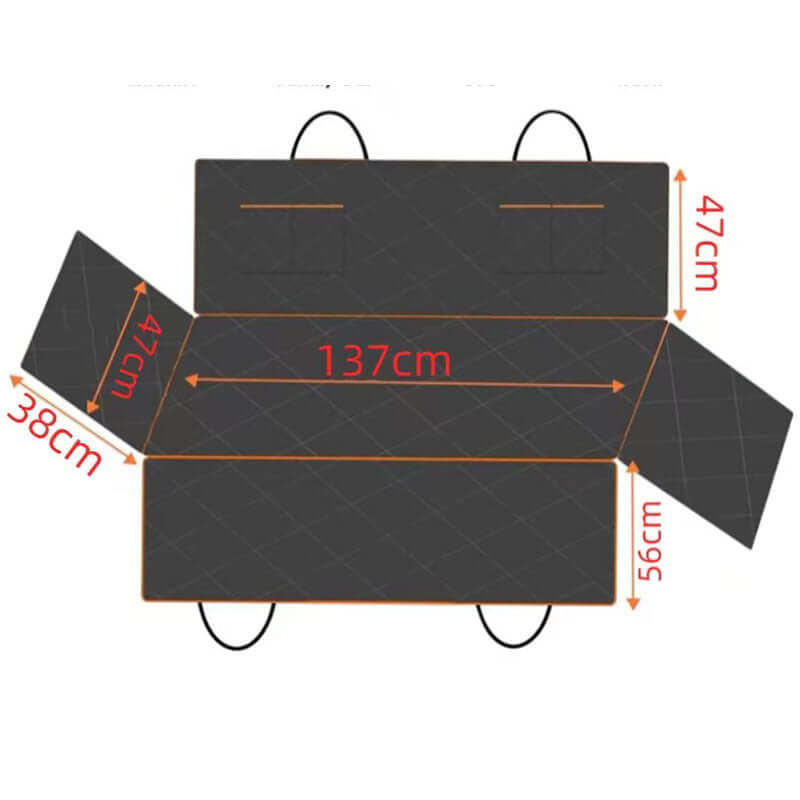 waterproof dog car seat cover dimensions diagram showing 137cm x 47cm x 38cm x 56cm for full coverage
