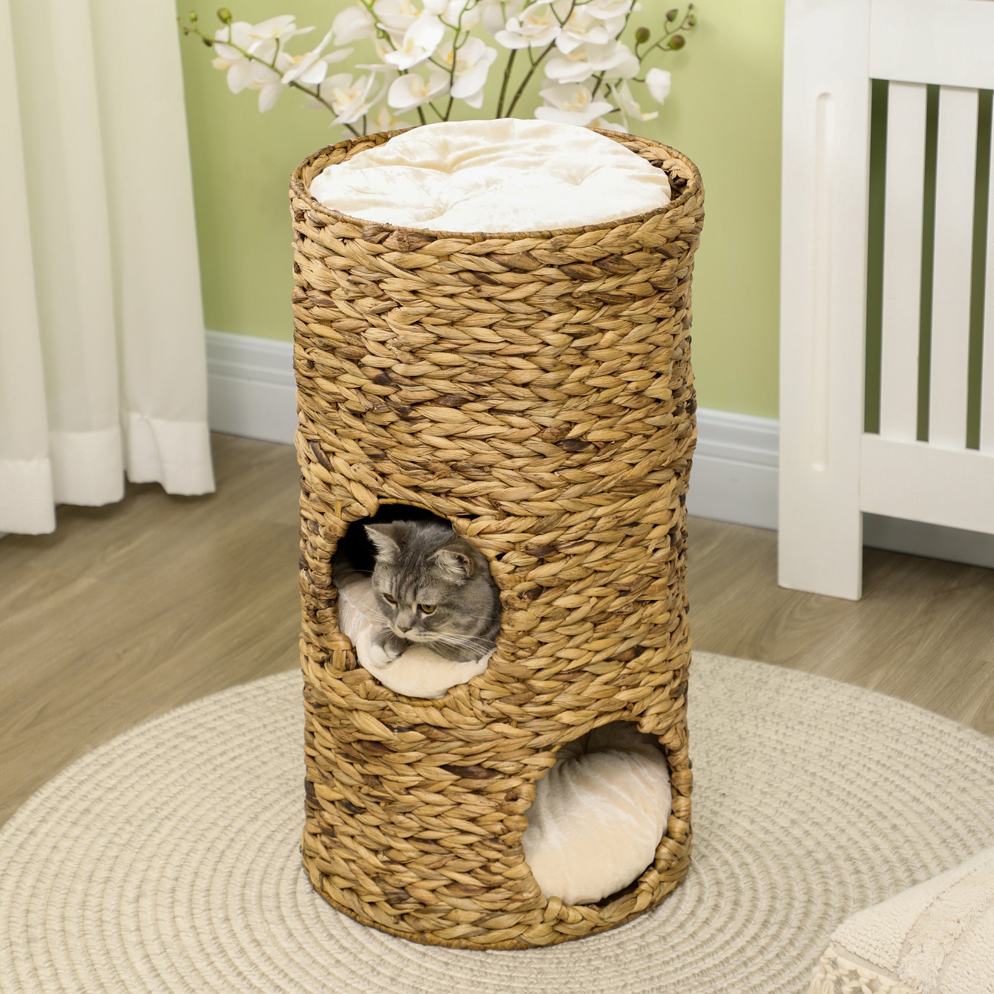 3 Tier Wicker Cat Tower Condo – Elevated Indoor Cat Bed with Cushions