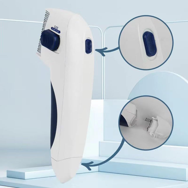 Electric pet comb showcasing ergonomic design and control switch for easy grooming of dogs and cats