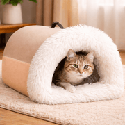 Calming cat cave bed with soft plush lining, providing a cozy hideaway for cats to reduce anxiety and improve sleep.