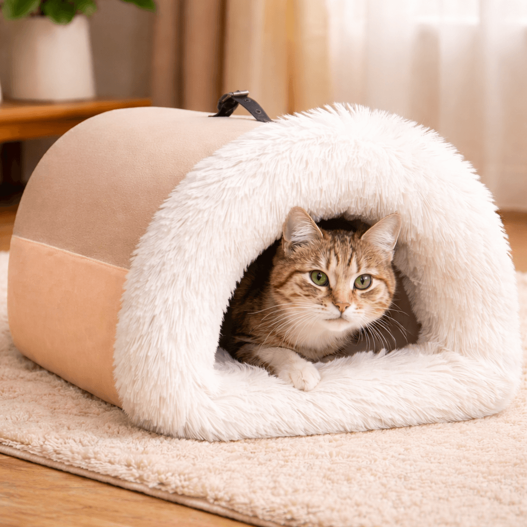 Calming cat cave bed with soft plush lining, providing a cozy hideaway for cats to reduce anxiety and improve sleep.