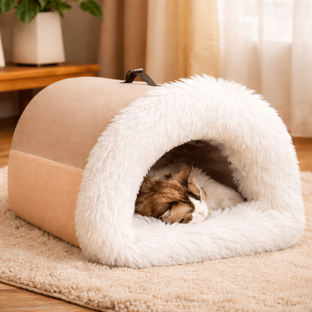 Calming cat cave bed with a fluffy interior, providing a cozy hideaway for a sleeping cat.