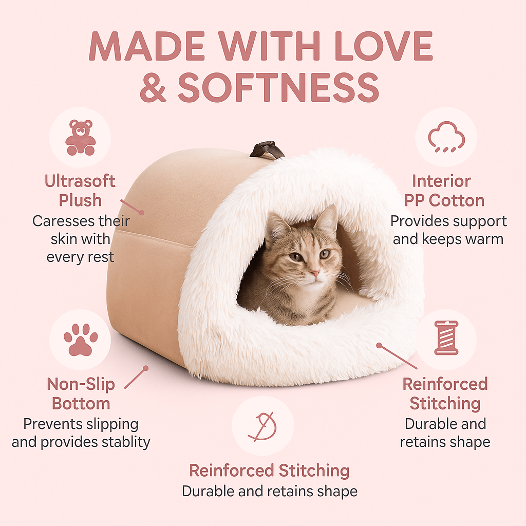 Calming cat cave bed with ultrasoft plush, non-slip bottom, and reinforced stitching for comfort and stability.