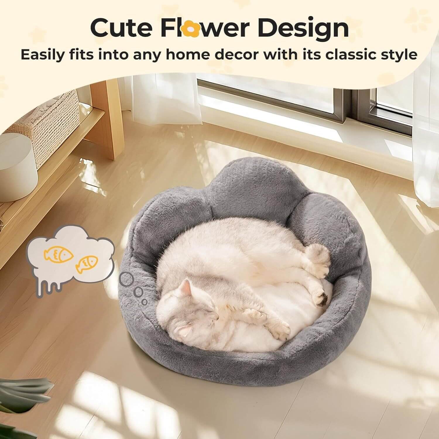 Comfy Flower Pet Bed Plush Washable Sofa for Cats & Small Dogs Gray 23