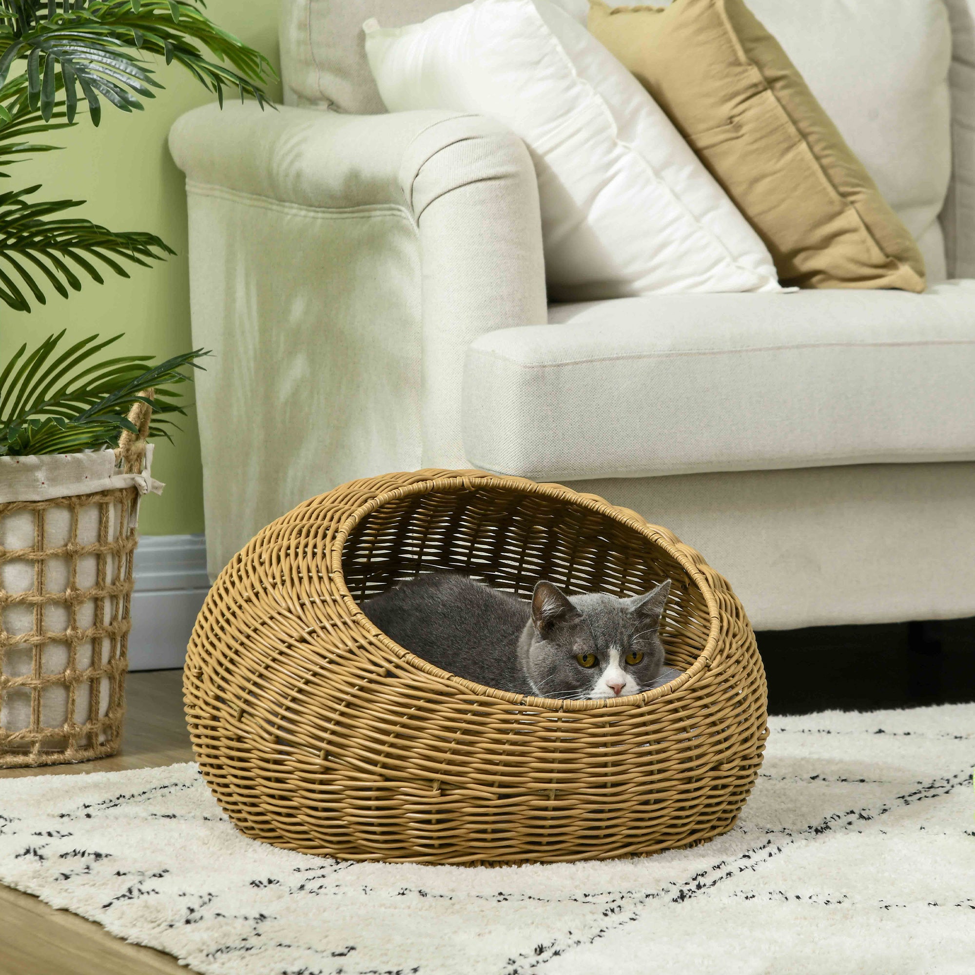 Woven Rattan Cat Bed – Indoor Round Cat Basket with Washable Cushion