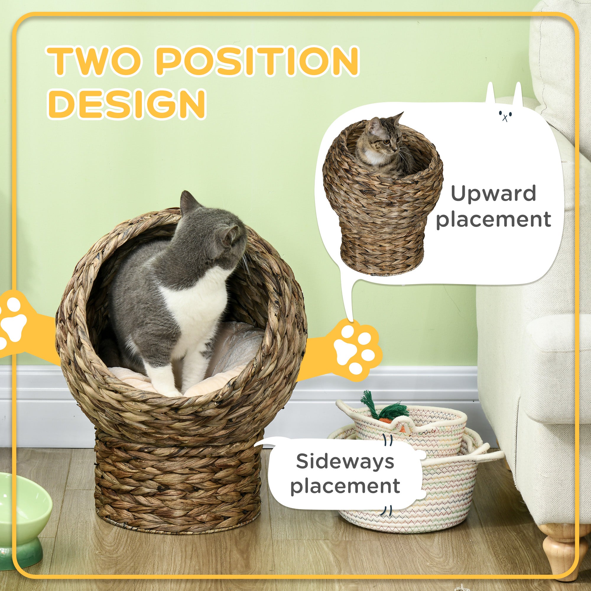 Elevated Rotating Cat Bed – Woven Indoor Cat House with Cushion