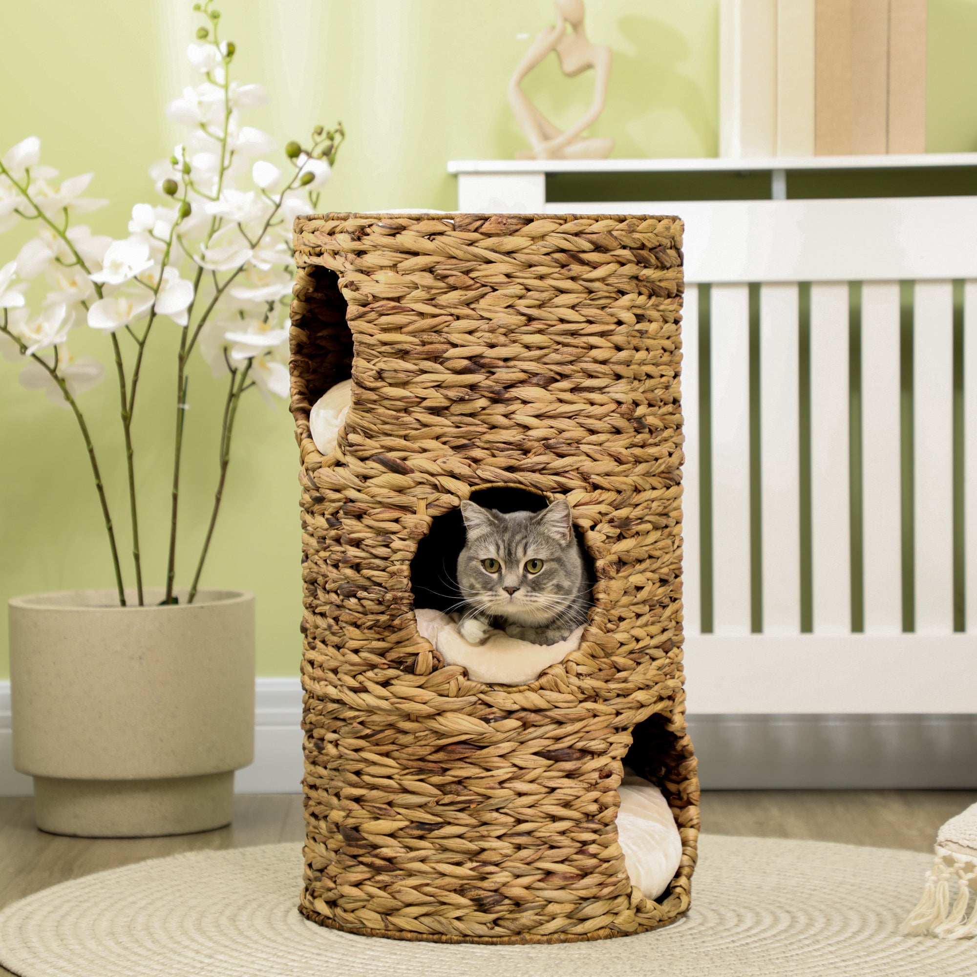 3 Tier Wicker Cat Tower Condo – Elevated Indoor Cat Bed with Cushions