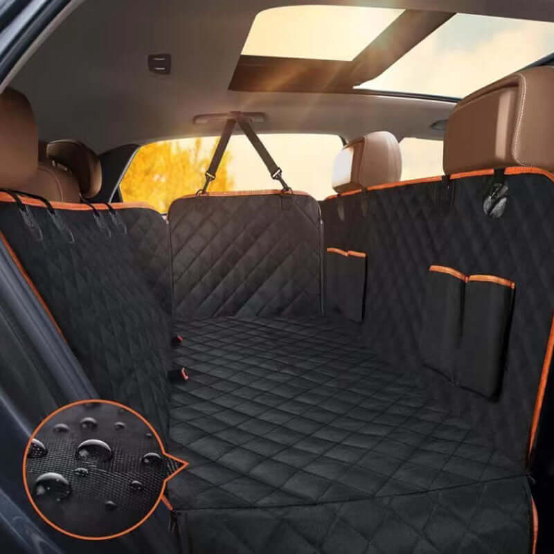 waterproof dog car seat cover in a car with a sleek black design and protective features