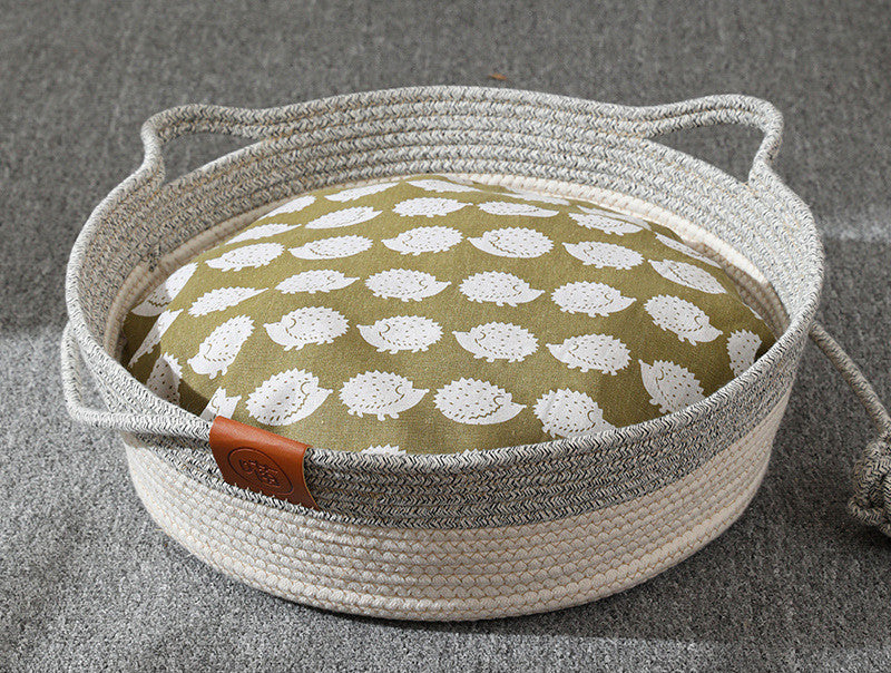 Woven Cotton Cat Bed Basket – Soft Round Indoor Cat Nest with Cushion