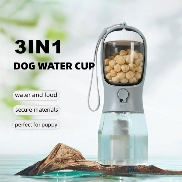 3-in-1 portable dog water cup for hydration and food, featuring secure materials and perfect for puppies.