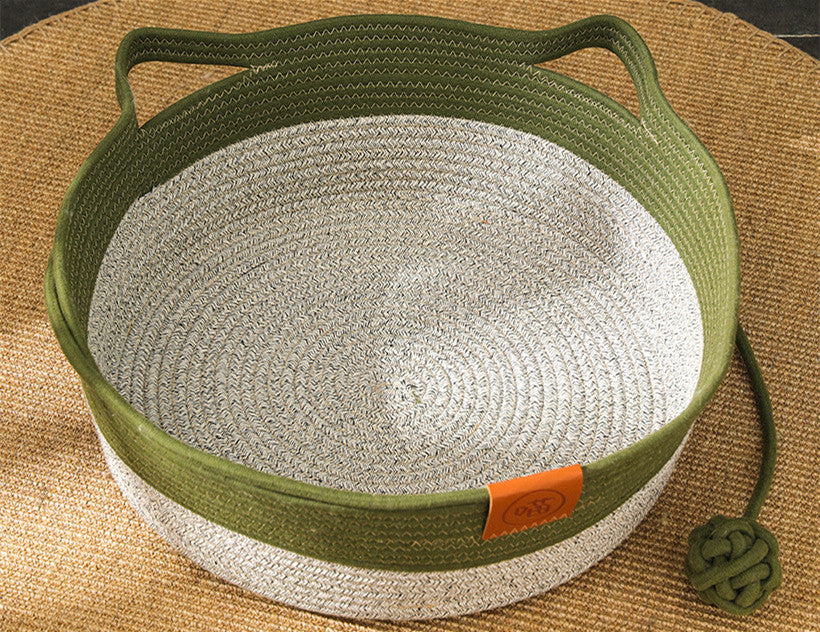 Woven Cotton Cat Bed Basket – Soft Round Indoor Cat Nest with Cushion