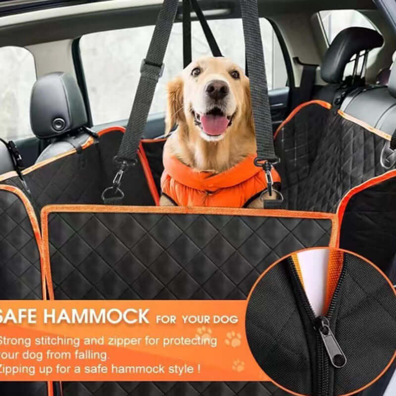 Waterproof dog car seat cover designed as a safe hammock for dogs, featuring strong stitching and zipper for safety.