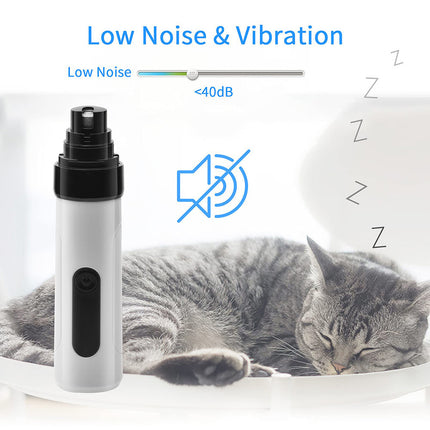 Electric dog nail clippers grinder with low noise feature, gently resting next to a sleeping cat.
