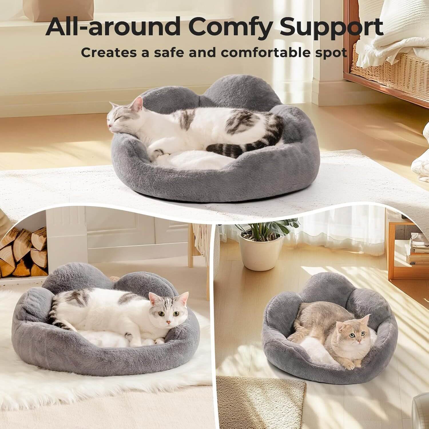 Comfy Flower Pet Bed Plush Washable Sofa for Cats & Small Dogs Gray 23