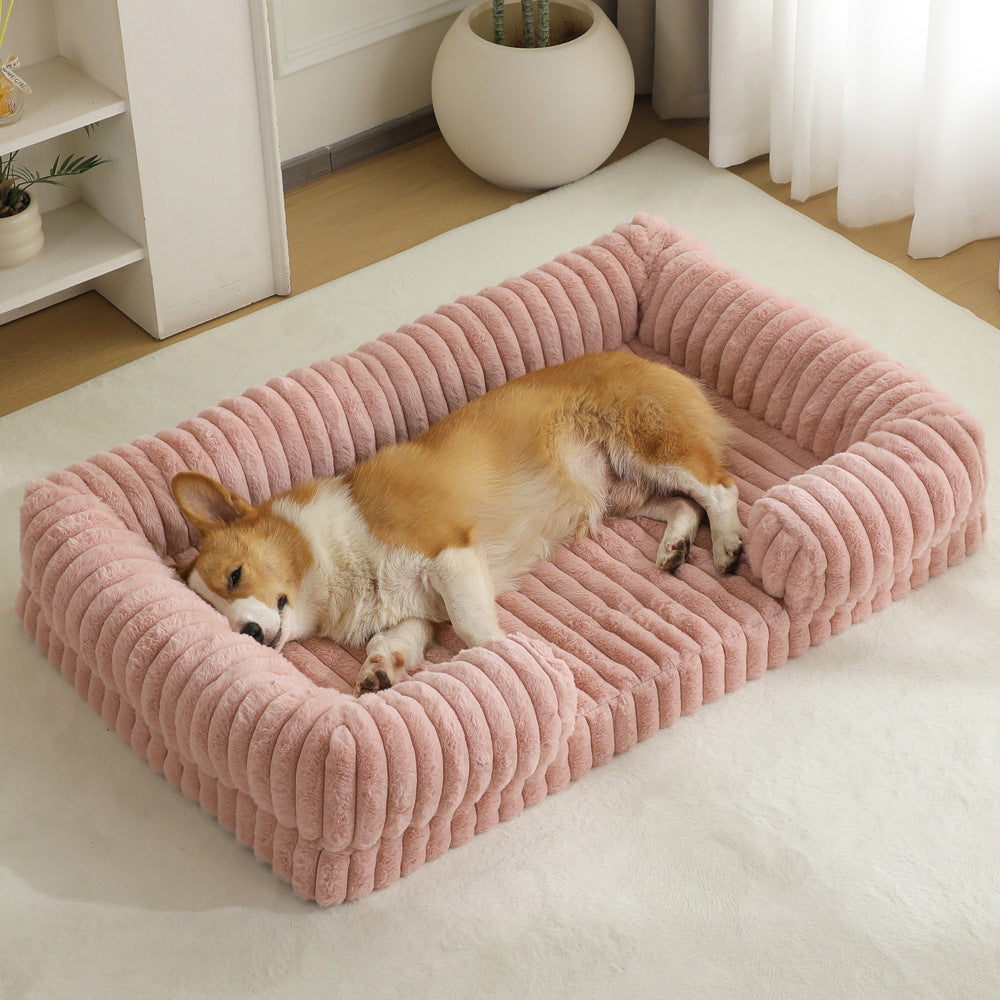 Dog sleeping comfortably on an Ultra-Soft Calming Dog Bed with plush, cushioned walls for support and relaxation.