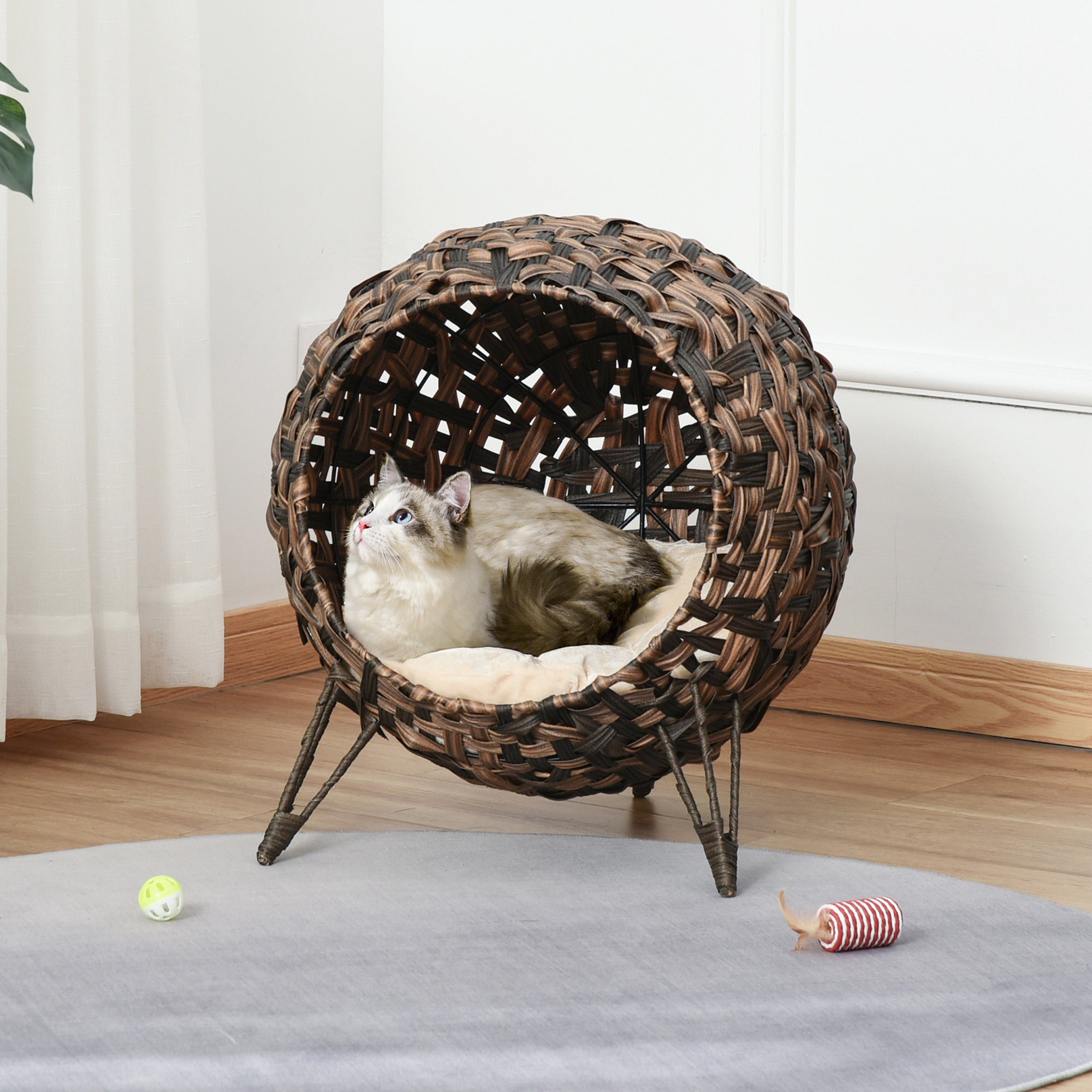 Elevated Wicker Cat Bed with Cushion – Handwoven Rattan Cat House with Stable Tripod Base