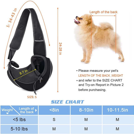 Dog carrier with measurements and a size chart for pet sizing.