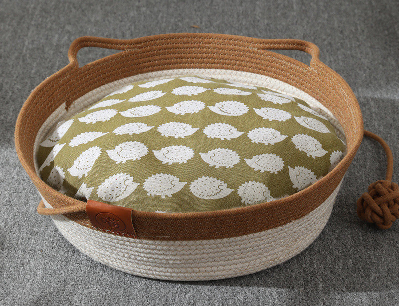 Woven Cotton Cat Bed Basket – Soft Round Indoor Cat Nest with Cushion