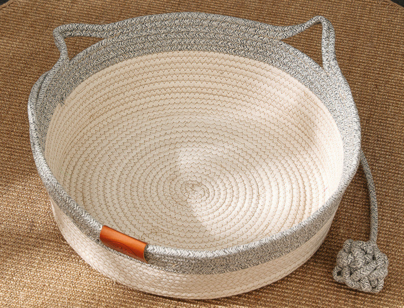 Woven Cotton Cat Bed Basket – Soft Round Indoor Cat Nest with Cushion
