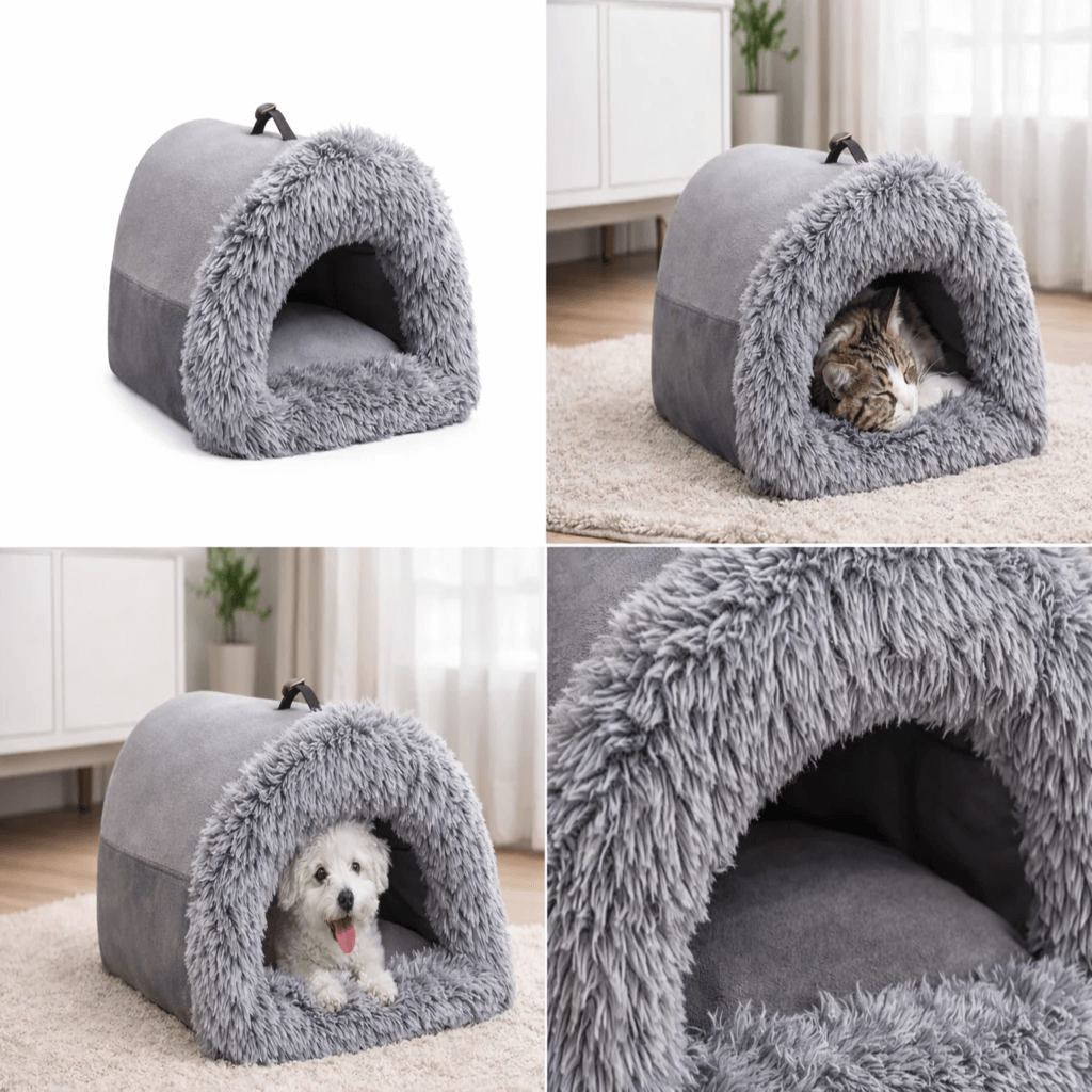 Calming cat cave bed – Cozy anti-anxiety hideaway for cats and dogs, featuring soft plush design for comfort.